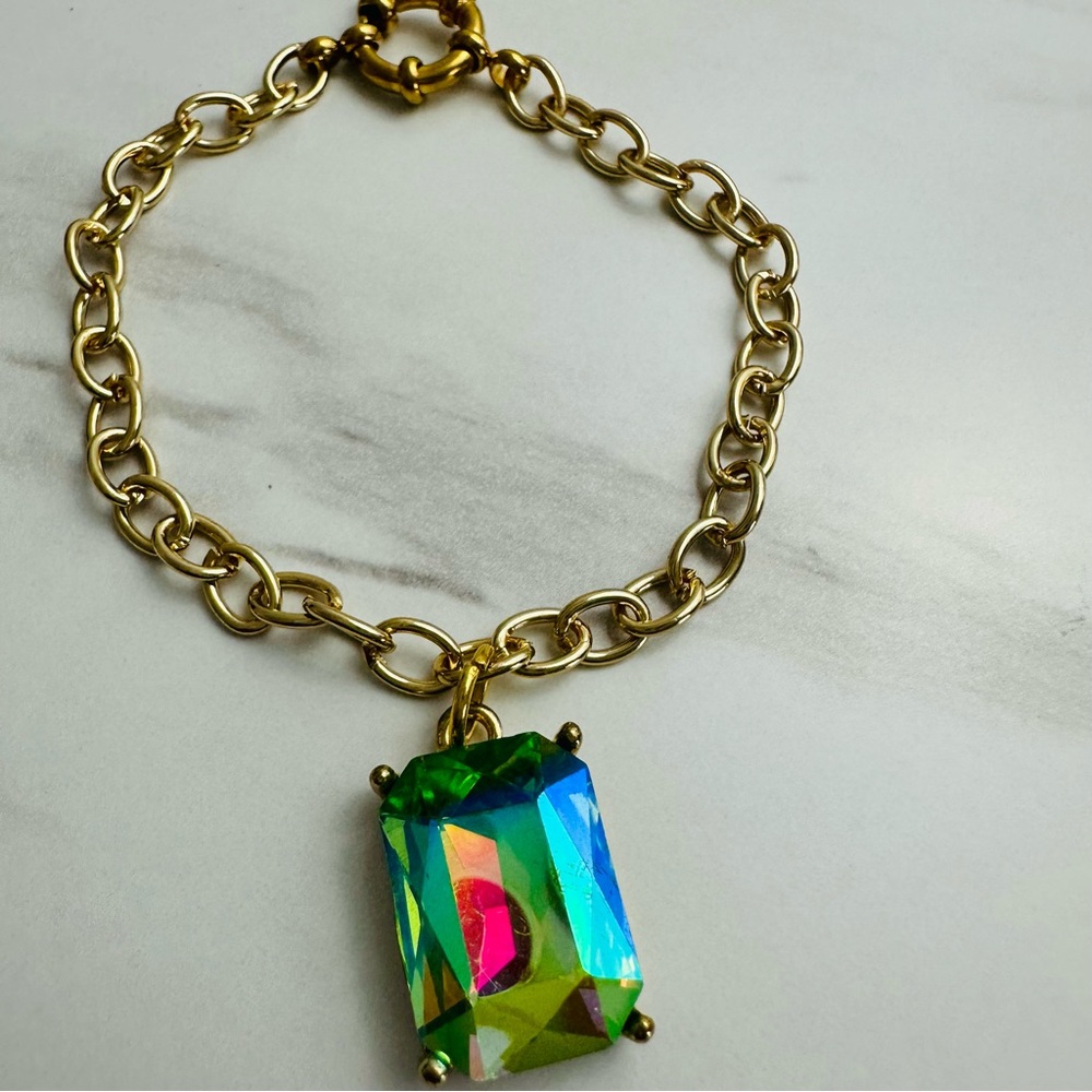 Handcrafted Gold Tone Bracelet w/ Iridescent Gemstone Pendant | 7” - Picture 5 of 13